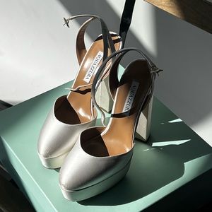 Aquazzura So High Plateau 140 White Satin Size 37 Platform Heels (Used)